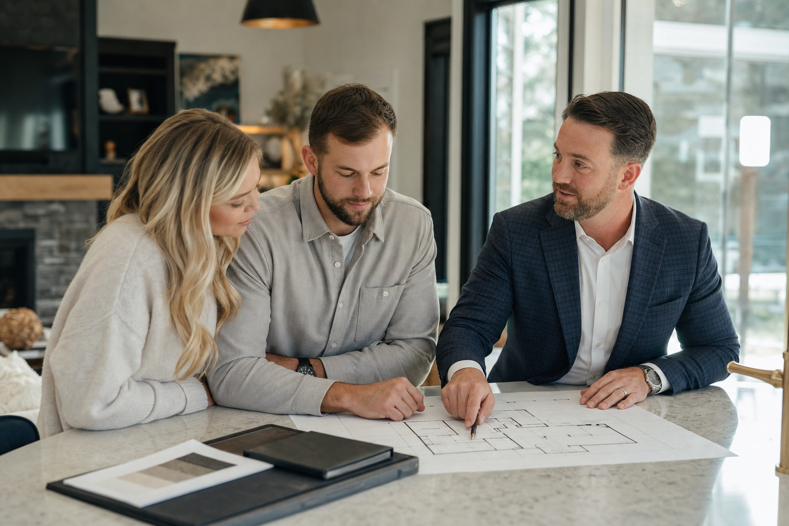 Young Omaha couple reviewing new construction home plans with a representative in a bright model home